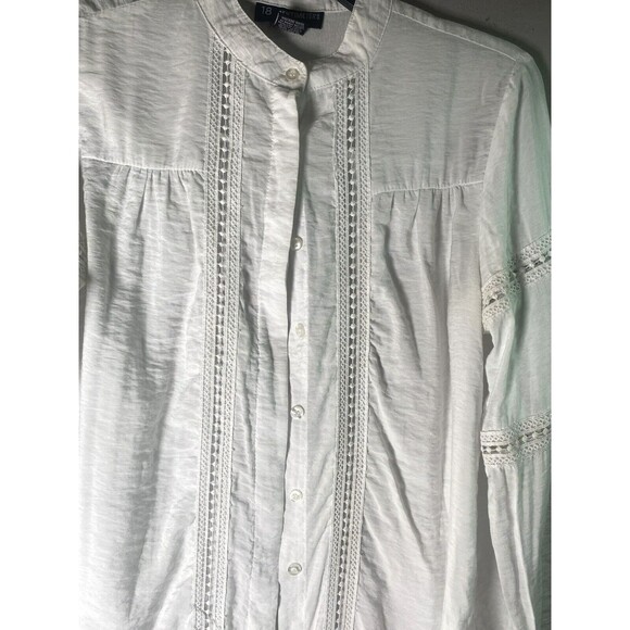 18 Centimeters Blouse Womens M White Trimmed Long Sleeve Band Collar Button Top - Picture 5 of 12